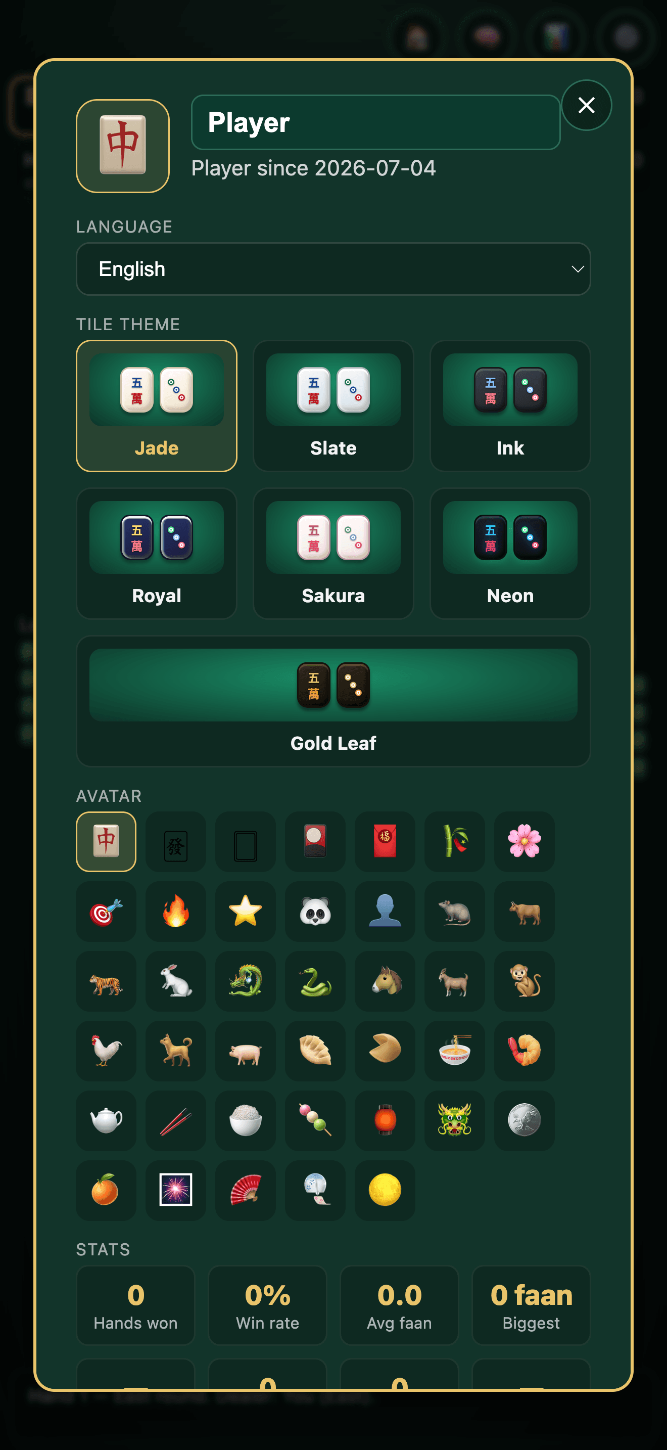 Profile with themes, avatars, and stats