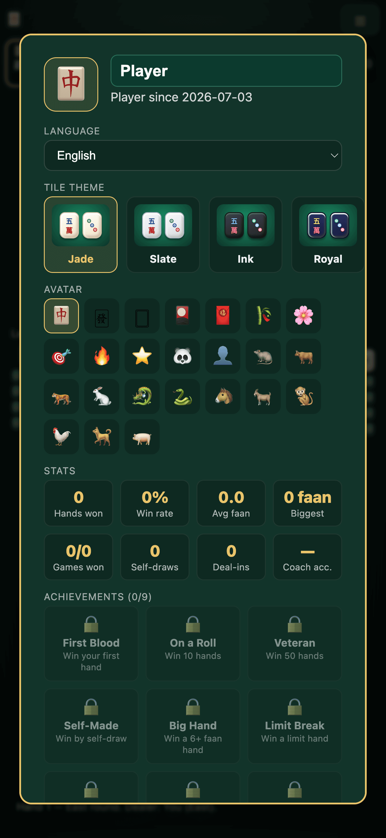 Profile with themes, avatars, and stats