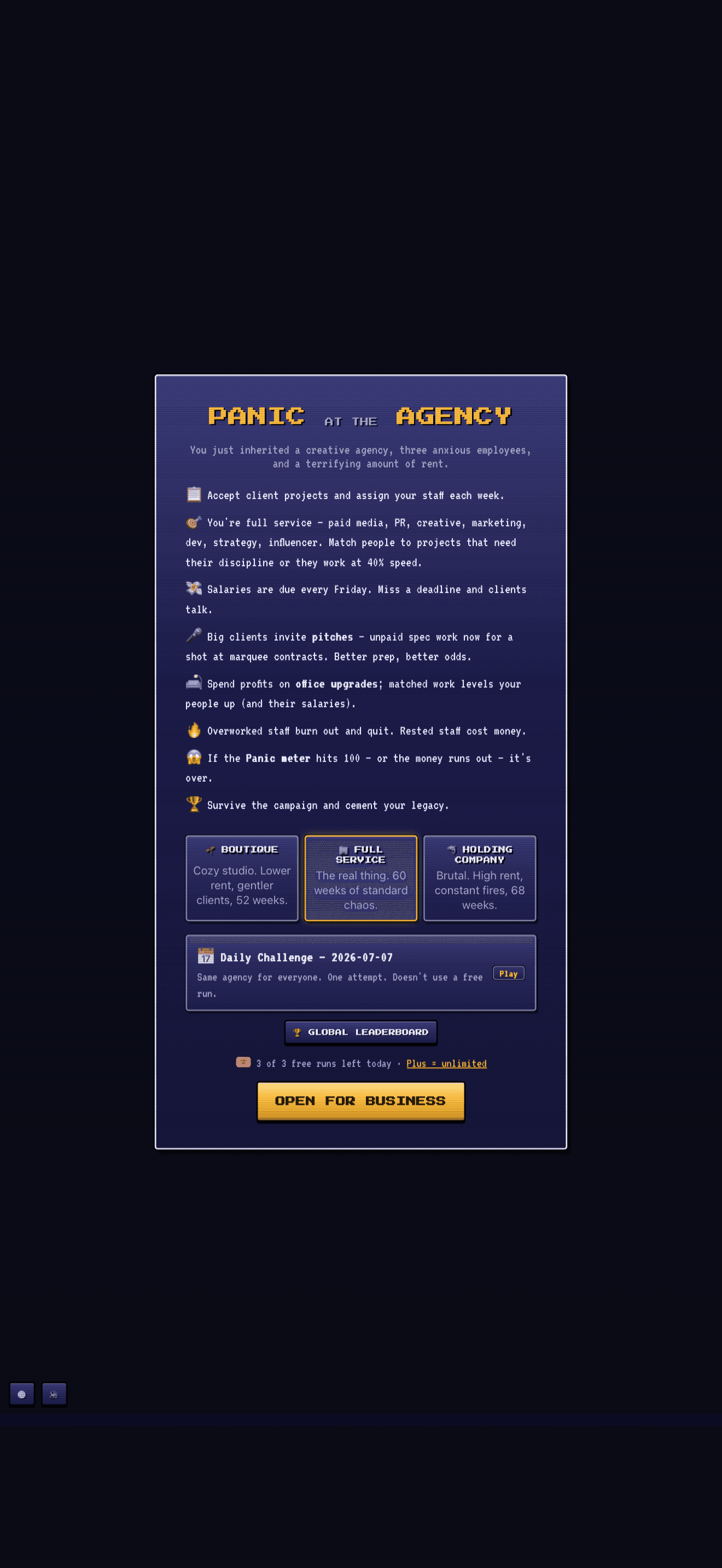 Panic at the Agency start screen with difficulty picker