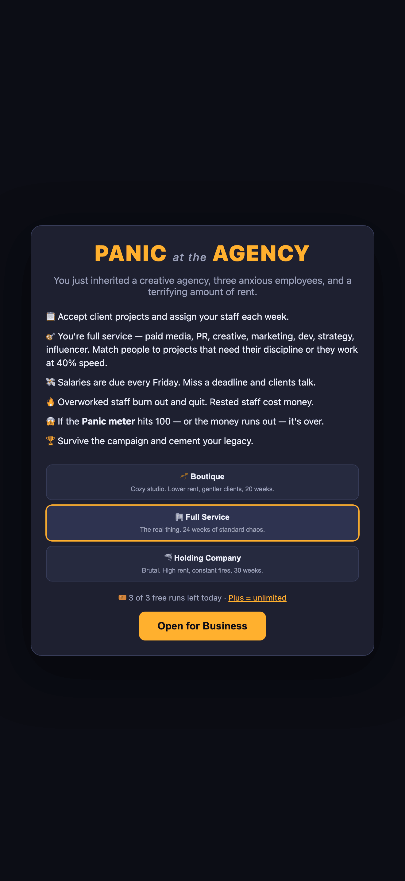 Panic at the Agency start screen with difficulty picker
