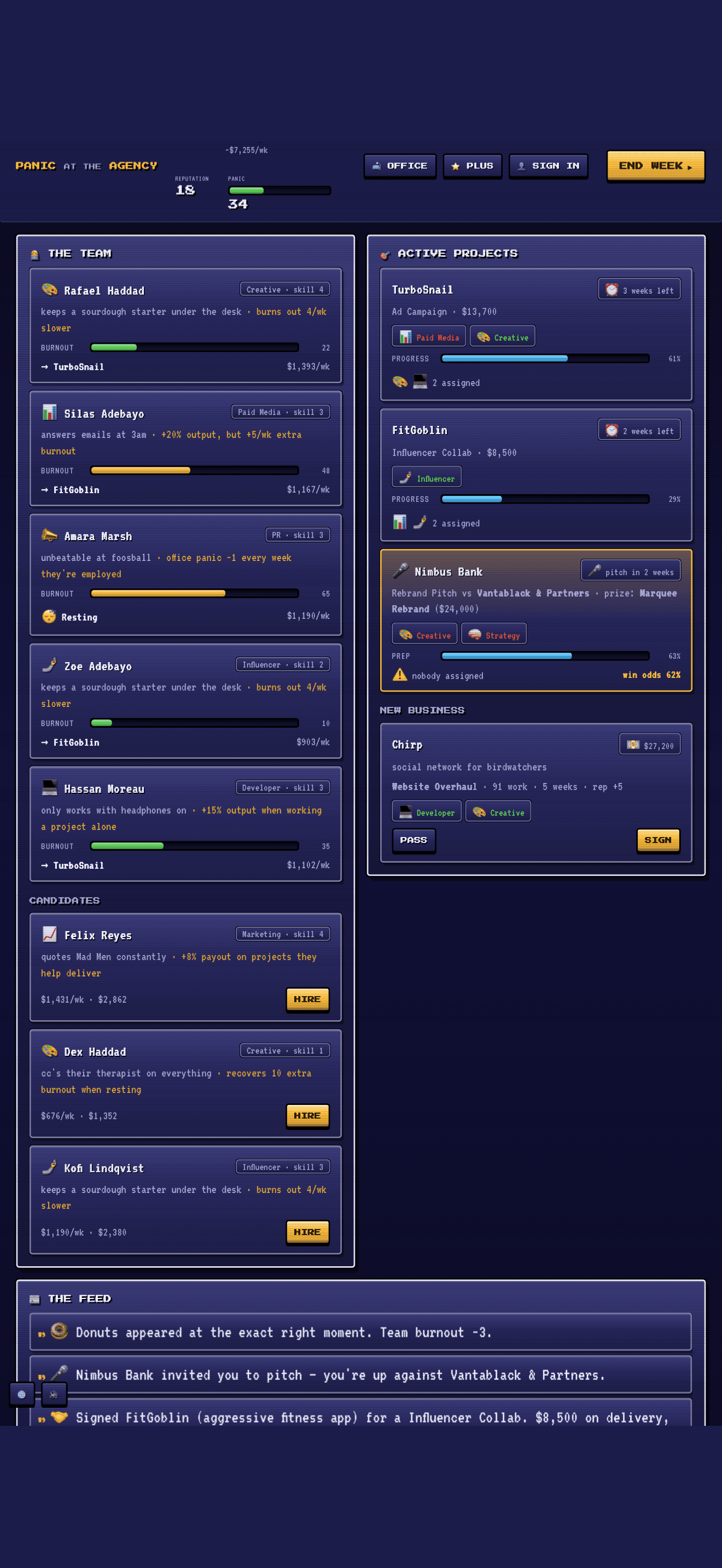 Mid-game board: team, active projects, and the feed