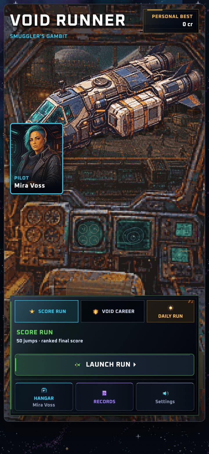 Void Runner title screen with pilot Mira Voss
