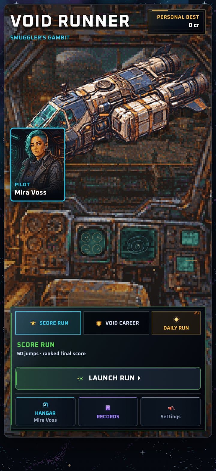 Void Runner title screen with pilot Mira Voss