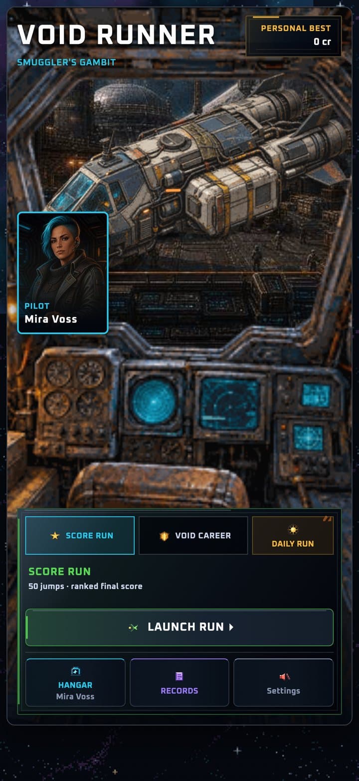 Void Runner title screen with pilot Mira Voss