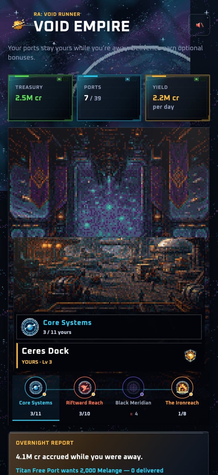 Void Empire galaxy map with owned ports and overnight report