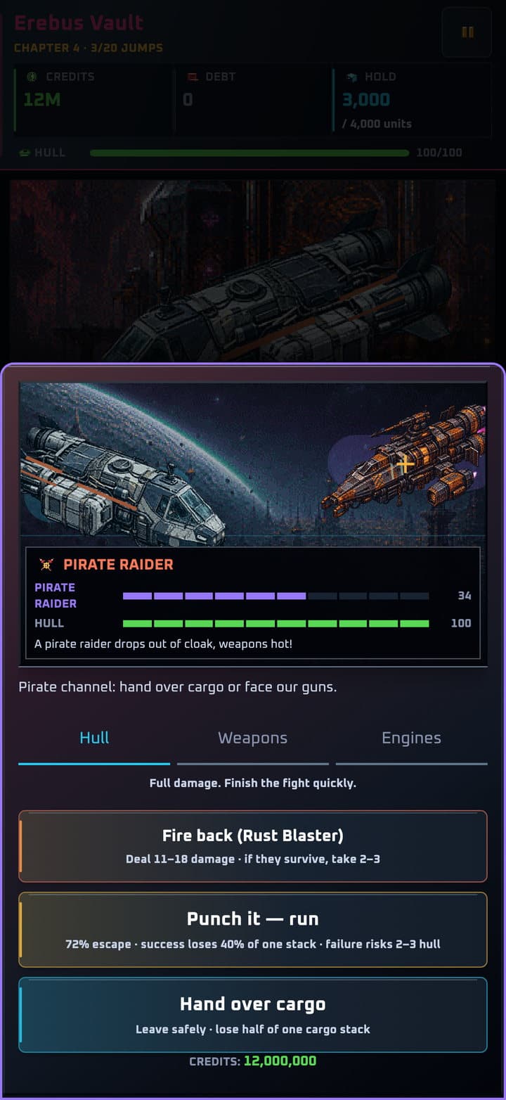 Pirate raider encounter — fire back, run, or hand over cargo