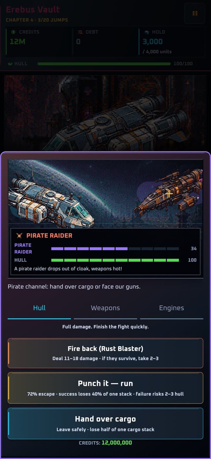 Pirate raider encounter — fire back, run, or hand over cargo