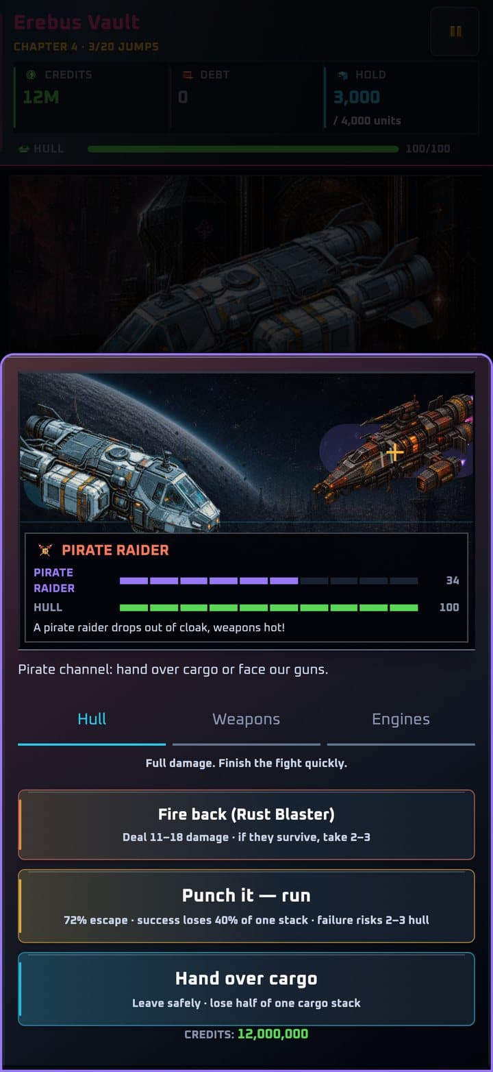 Pirate raider encounter — fire back, run, or hand over cargo