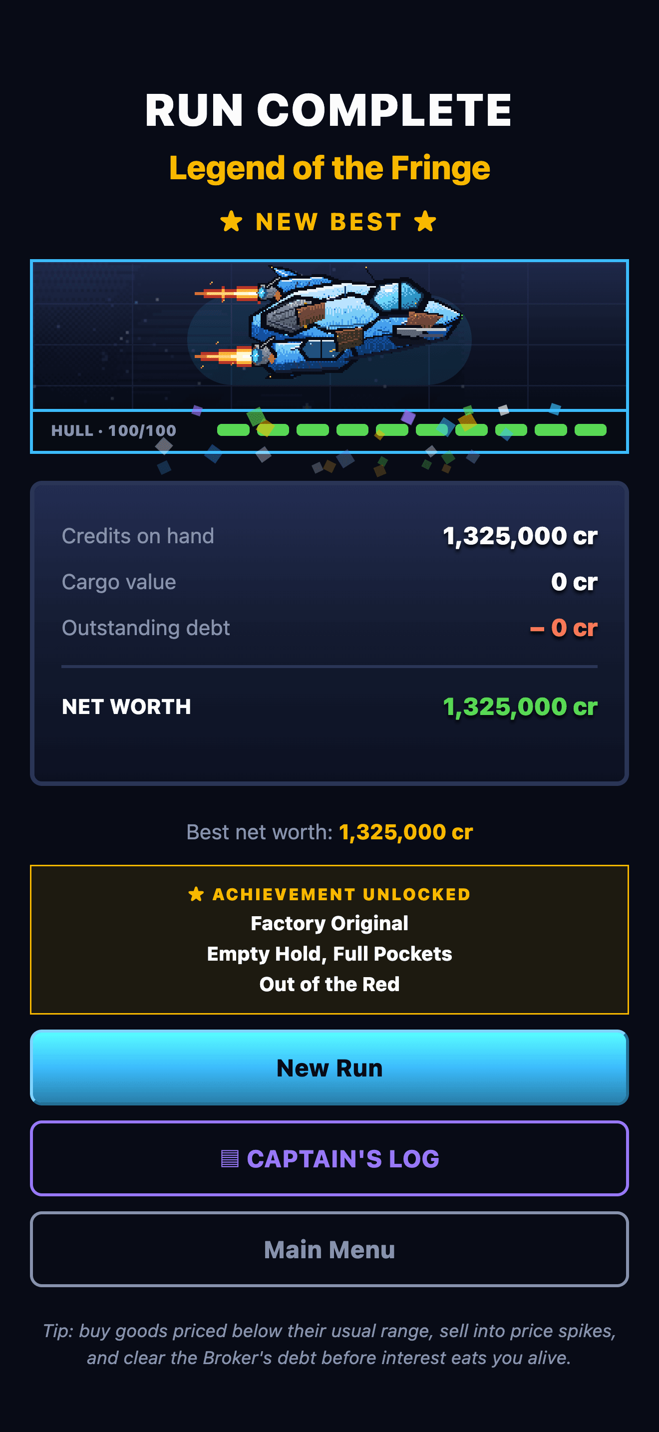 Run complete — Legend of the Fringe, debt cleared